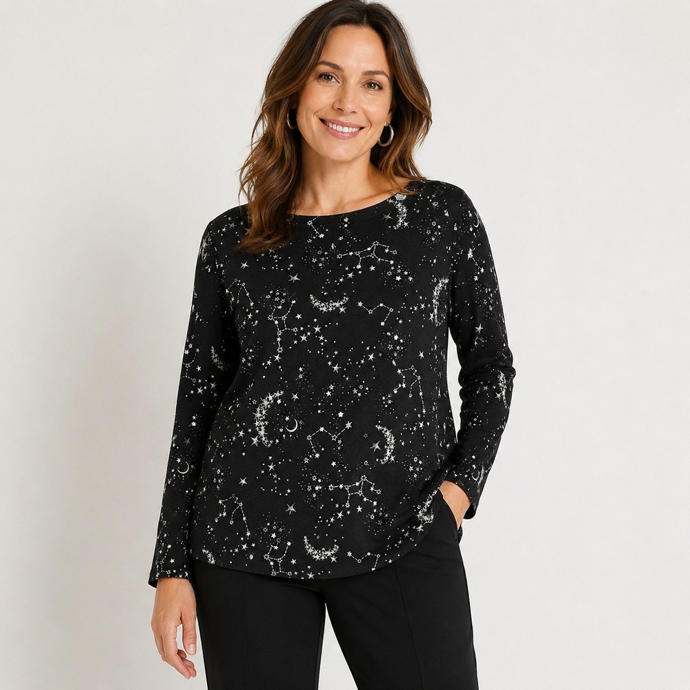 Weekends by Chico's‎ Black Moon Stars Sequin Top Long Sleeve Womens XL
